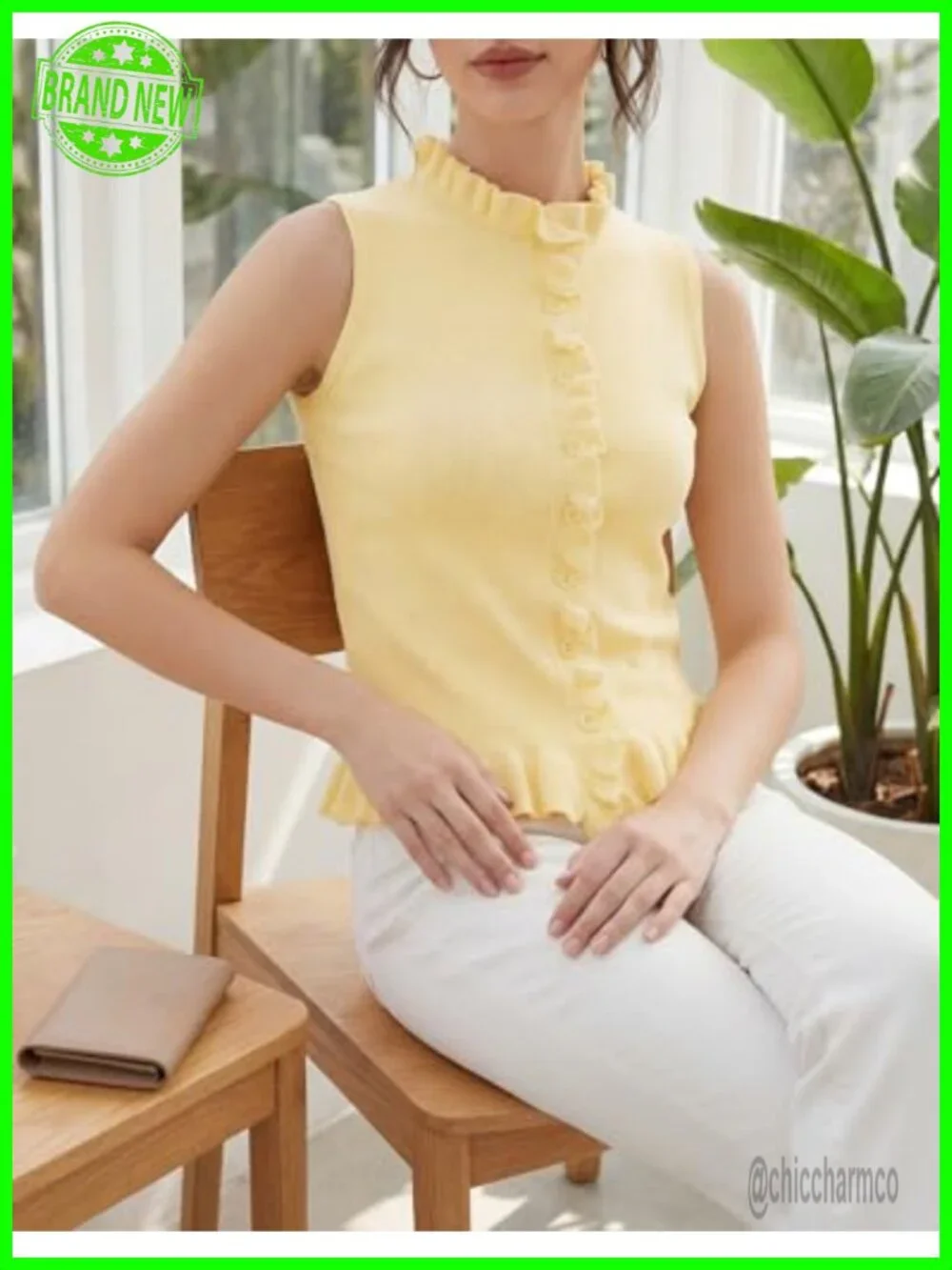 Sleeveless Sweater Vest Mock Neck Button Down Ruffle Trim Tank Top Summer Going